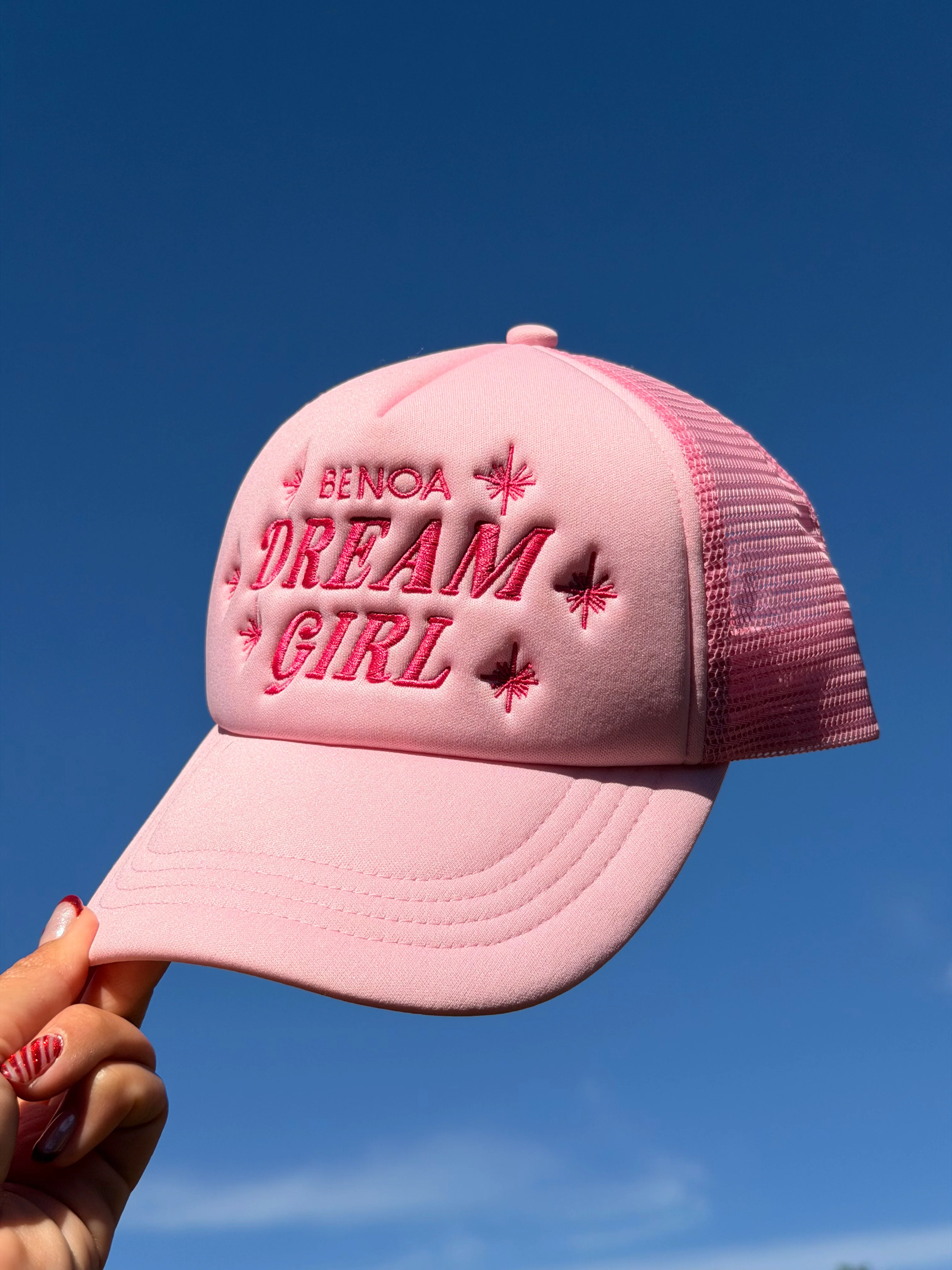 "Dream Girl" Embroidered Trucker Hat -Pink w/ pink - Image 4